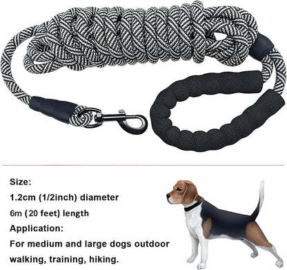 MayPaw Heavy Duty Rope Dog Leash, 3/4/5/6/7/8/10/12/15/20/30 FT Long Dog Lead Nylon Pet Leash, Soft Padded Handle Thick Lead Training Leashes for Large Medium Dogs (20ft * 1/2", Black)