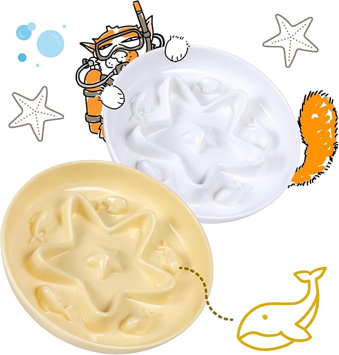2 Pcs Cat Slow Feeder Bowl – Whisker Friendly Melamine Puzzle Feeding Cat Bowl for Slow Eating – Wet & Dry Food – Dishwasher Safe, Lightweight, Non-Slip (Buttercream + Shell White, 6.3'')