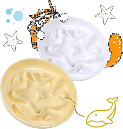 2 Pcs Cat Slow Feeder Bowl – Whisker Friendly Melamine Puzzle Feeding Cat Bowl for Slow Eating – Wet & Dry Food – Dishwasher Safe, Lightweight, Non-Slip (Buttercream + Shell White, 6.3'')