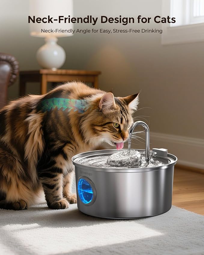 Cat Water Fountain Stainless Steel, 108oz/3.2L Pet Fountain with Large Water Level Window, Ultra Quiet Automatic Cat Water Dispenser for Cats and Dogs, 2 Flow Modes, Splash-Proof Design