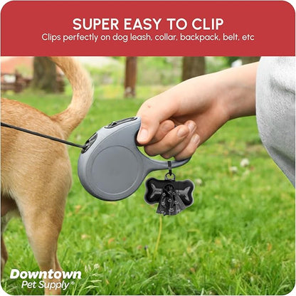 Downtown Pet Supply Poop Bags for Dogs with Dispenser, 220 Count - Leak-Proof Dog Waste Bags and Bone-Shaped Dog Poop Bags Holder for Leash - Black with Paw Prints, 12.5" x 8.5"