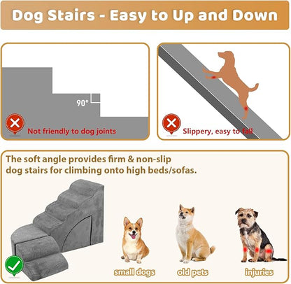 Dog Stairs for High Beds up to 32" H, A.FATI 6 Step Pet Ramp with Machine Washable Cover, Non-Slip Dog Steps for Bed for Small/Medium/Old Dogs, 30D Foam Pet Stairs