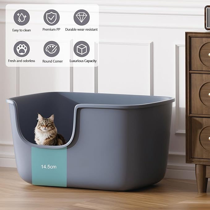 Vealind Large Cat Litter Box for Indoor Cats High Sided and Low Entry Litter Box 22.2"×14.9"×12" Tall Litter Boxes with High Back Deep Wall XL Cat Litter Boxes (Grey)