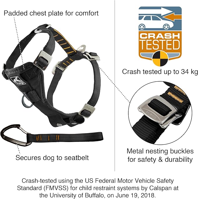Kurgo Enhanced Strength Tru-Fit Dog Car Harness - Pet Travel Safety Harness - Crash Test Certified Fit - Five Point Adjustment - Secure Buckle - Padded Chest - Black - Large