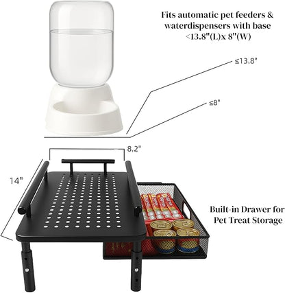 Dog Water Bowl Dispenser Stand with Storage Drawer & Metal Holder Compatible with Automatic Feeders & Water Dispensers - Adjustable Height, Raised Elevated Platform for Cats, Small & Medium Dogs