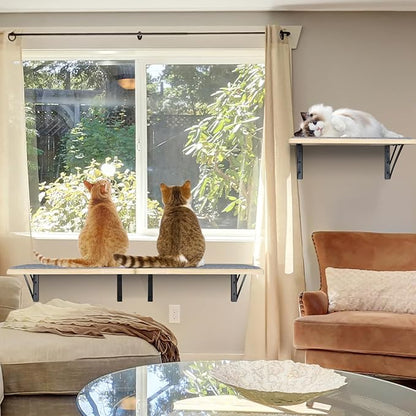 Burlywood Cat Shelves: Set of 4 Wood Cat Furniture Indoors - Climbing Shelf with Wall Mounted Scratching Pad & Hammock for Big Cats