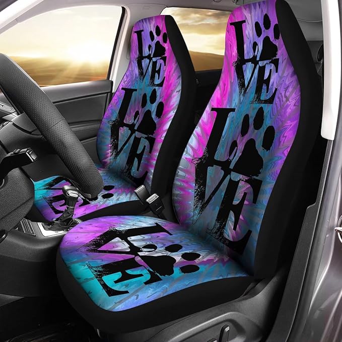 Universal Bucket Seats Cover Protector, 2 PCS Paw Print Waterproof Purple & Blue Tie Dye Auto Interior Accessory for Car Truck SUV