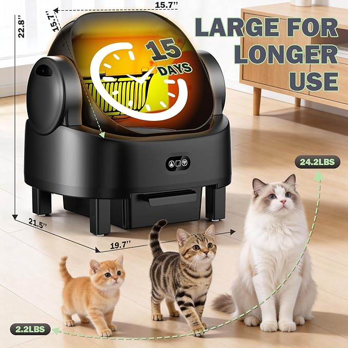 Self Cleaning Litter Box, Multiple Smart Safety Sensor, Open Top Automatic Litter Box, Large Capacity Multiple Cats, with APP Control/1 Trash Bag/1 Litter Mat, Cat Litter Box Automatic Cleaning