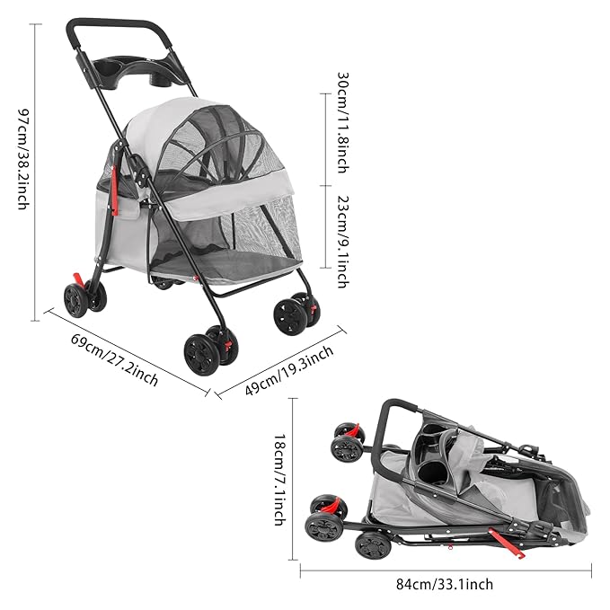 Foldable Pet Stroller w/Lockable Brakes,40lbs Capacity Ventilated Mesh Carrier Cart for Small Medium Dogs & Cats,Dog Stroller (Light Gray)