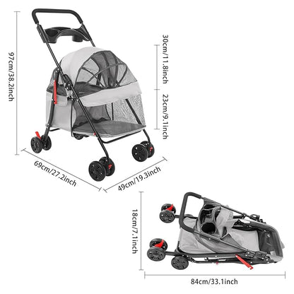 Foldable Pet Stroller w/Lockable Brakes,40lbs Capacity Ventilated Mesh Carrier Cart for Small Medium Dogs & Cats,Dog Stroller (Light Gray)