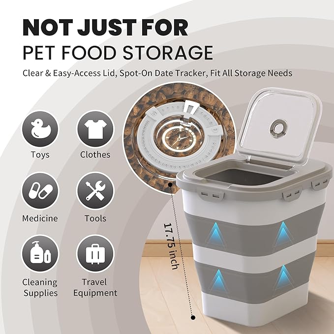 35-40 Lbs Airtight Dog Food Storage Container, Collapsible Dog Food Container with Lid, Wheels, Date Track, Large Pet food storage Container for Rice,Flour,Sugar,Dog Food Scoop,2PCS Containers