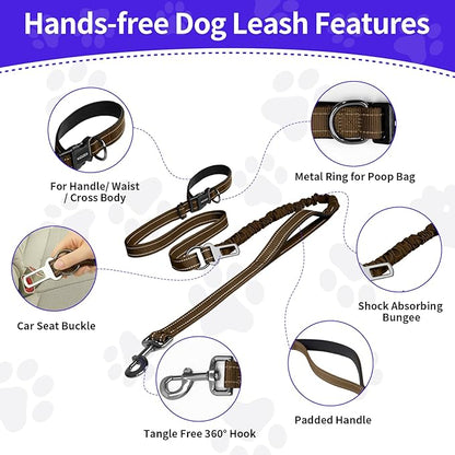 Kazazoo Hands-Free Dog Leash with 6-9FT Adjustable Length - Heavy Duty No Pull Bungee Design, Reflective Safety for Walking, Jogging & Training | Suitable for Medium to Large Dogs Brown L