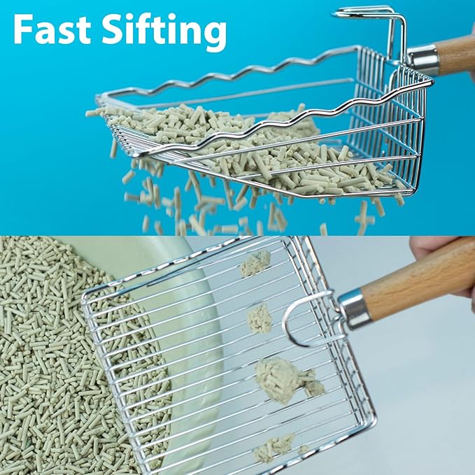 Metal Cat Litter Scoop with Holder, Poop Scooper with Stand&2 Rolls of Garbage Bag, Heavy Duty Stainless Steel Shovel with Wooden, Kitty Quick Sifter for Easy