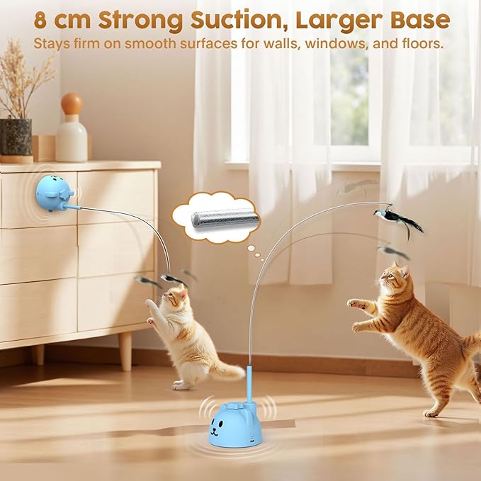 Interactive Cat Toys for Indoor Cats: Upgraded 360° Automatic Spin Flying Bird Feather Wand with Silicone Protected Rod Safe Play, Strong 8cm Suction Cup, USB-Rechargeable for Bored Kittens and Adult