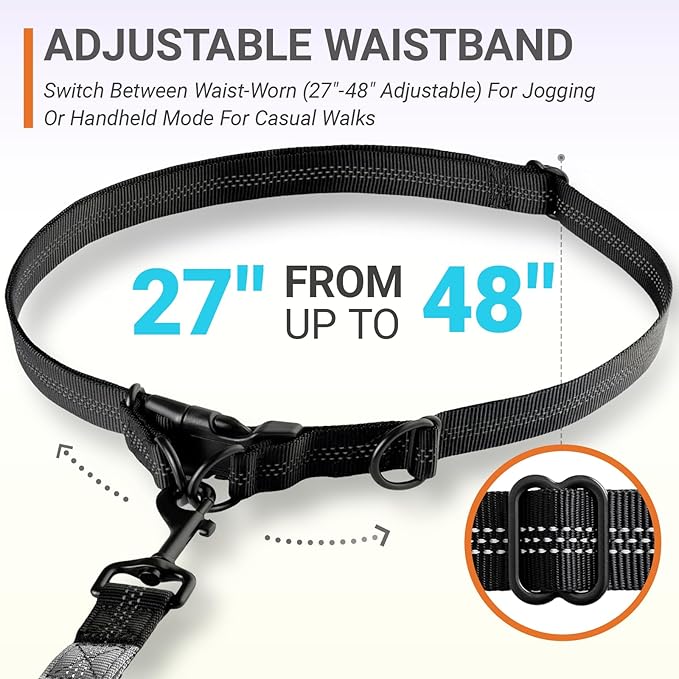 4-6 FT Hands-Free Dog Leash for Running & Walking - Adjustable Waist Belt (28-47"), Shock-Absorbing Bungee, 2 Reinforced Handles, Reflective & Anti-Pull for Small/Medium Dogs, Grey