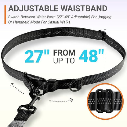 4-6 FT Hands-Free Dog Leash for Running & Walking - Adjustable Waist Belt (28-47"), Shock-Absorbing Bungee, 2 Reinforced Handles, Reflective & Anti-Pull for Small/Medium Dogs, Grey