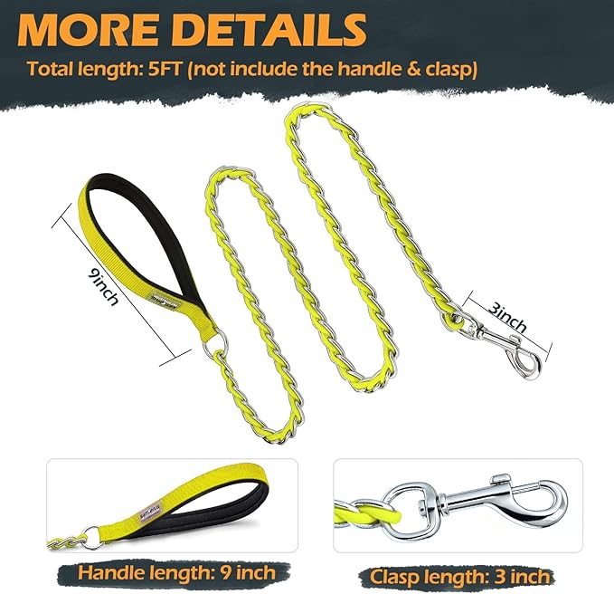 Chain Dog Leash Chew Proof Metal Leash for Medium Large Dogs, Chain Link Dog Anti Chew 5.2FT / 4FT Strong Anti Bite Comfortable Soft Padded Handle (Yellow, 5FT(80-150lb))