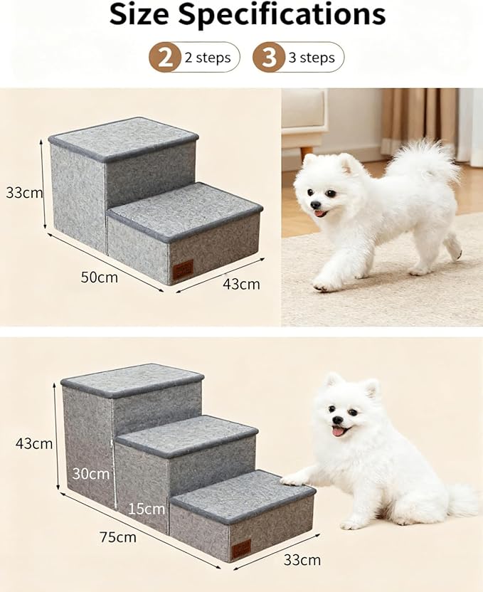 Dog Stairs with Storage, 3-Step Pet Stairs for Small & Medium Dogs and Cats, Dog Steps for Bed, Detachable & Reconfigurable Design, Anti-Slip Steps, Sturdy 132lbs Support, Ideal for Bed, Sofa & Window