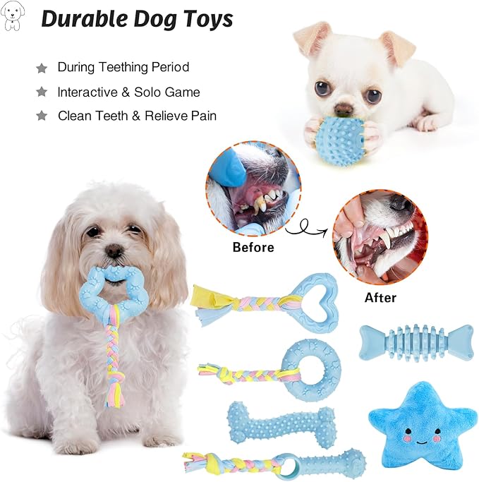 Puppy Toys, 8 Pack Puppy Chew Toys for Teething, Cute Blue Small Dog Toys Set, Teething Toys for Puppies, Soft Durable Interactive Chew Toy for Small Dogs