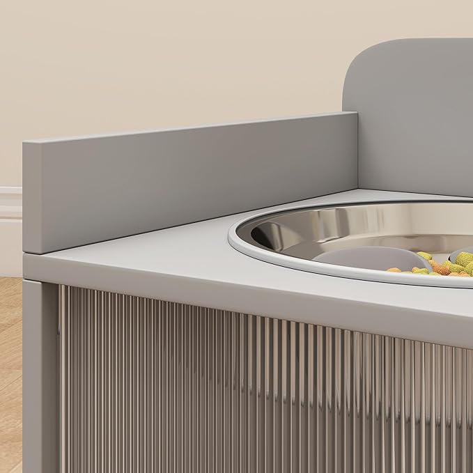 PawHut Elevated Dog Bowls with Storage, Raised Dog Bowl Stand with 2 Stainless Steel Food Dishes and Slow Feeder, Pet Feeding Station for Large Breeds, Gray