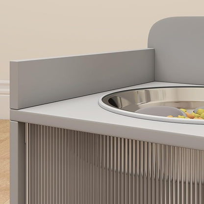 PawHut Elevated Dog Bowls with Storage, Raised Dog Bowl Stand with 2 Stainless Steel Food Dishes and Slow Feeder, Pet Feeding Station for Large Breeds, Gray