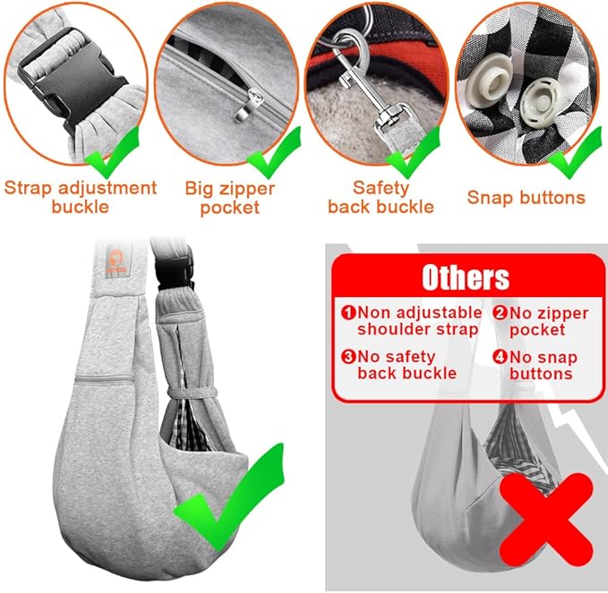 Tomkas Small Dog Cat Sling Carrier Puppy Purse Travel Wrap Soft Crossbody Pet Bag (Grey, M - Zip Pocket & Adjust Strap)