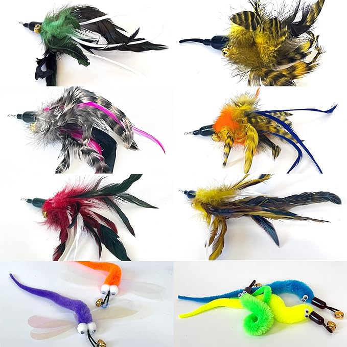 AcceLeah Cat Toy Fishing Pole Attachments Wand Refills, Refills Cat Fishing Pole Toy attachments Dragonfly Worm Refill for Cat Indoor Toy (11Pcs（Feathers+Dragonfly+Worm）