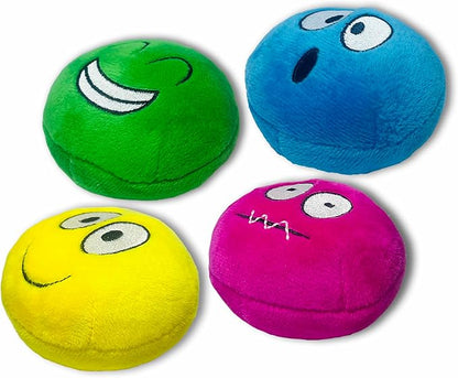 4 Pack 3 Inch Flat Squeaky Dog Balls - Plush Stuffed Built-in Squeaker, Expressions Interactive Soft Chew Toy for Small Medium Breed Dogs Puppies Indoor Outdoor