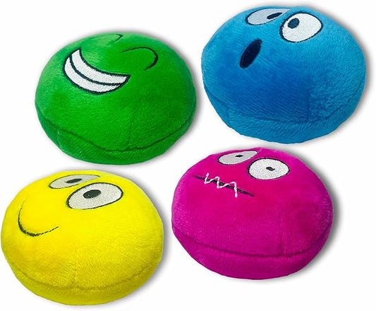 4 Pack 3 Inch Flat Squeaky Dog Balls - Plush Stuffed Built-in Squeaker, Expressions Interactive Soft Chew Toy for Small Medium Breed Dogs Puppies Indoor Outdoor