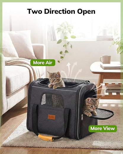 Morpilot Pet Carrier for Large Cats, Puppies & Small DogsUp to 25lbs, Escape-Proof with Locking Zippers, Dual-Sided Cushion, Safety Buckle for Car & Vet Travel, Includes Foldable Bowl (Dark Gray)