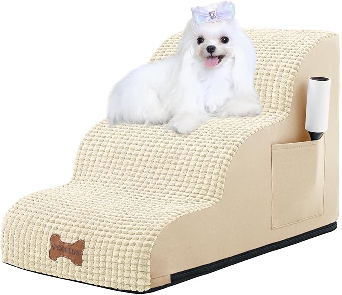 Dog Stairs for Small Dogs, Wide Pet Step with Removable Cover, No Assembly High Density Foam Cat Ramp for Bed or Sofa, 3-Step, Beige