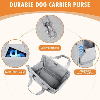 Dog Purse Carrier for Small Dogs Under 10 lbs with Pockets Adjustable Soft Sided Pad Extendable Dog Carriers Tote for Puppies with Safety Leash Clip for Travel Shopping (Dark Gray)