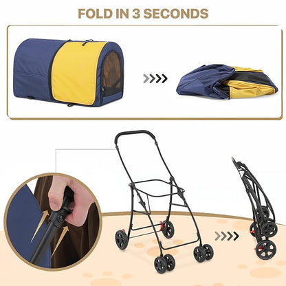 MoNiBloom Double Dog Stroller with Detachable Carrier Bags Large 4 Wheels Foldable Jogger for Small and Medium Dog Cats, Navy Blue/Yellow