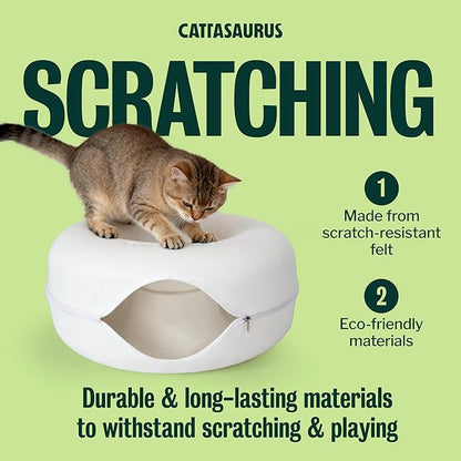 Cattasaurus Peekaboo Cat Cave Donut for Multiple & Large Cats up to 30-45 lbs, 3-in-1 Self Warming Cat Bed, Tunnel & Scratcher for Indoor Cats, Washable & Detachable Small Dog Bed (White, Large)