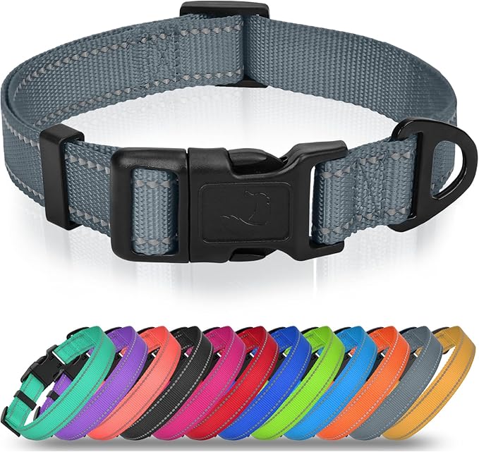 Joytale Extra Large Dog Collar, Wide Double-Sided Reflective Nylon Collar for Night Safety, Adjustable Quick-Release for Gentle Giants, Gray, XL (1 1/4" Width)