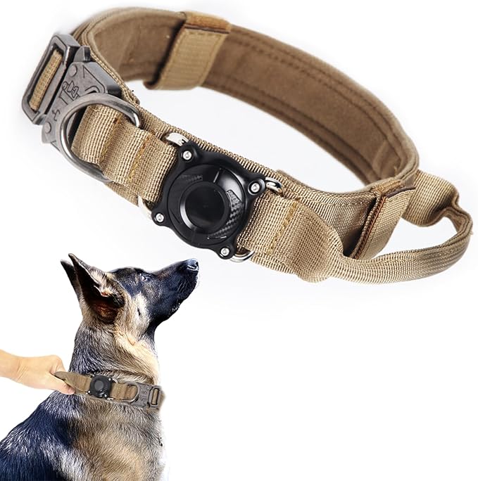 Xqpetlihai Upgraded AirTag Dog Collar Waterproof Tactical Dog Collar with AirTag Holder Heavy Duty Dog Collars for Large Dogs（Brown,M