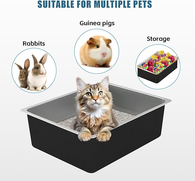 Stainless Steel Cat Litter Box - Metal Medium to Large High Sided Litter Pan Tray, Easy to Clean No Stick No Smell Litter Box Toilet for Indoor Kitty, Kitten (Black, 17.7" x13.8" x6")