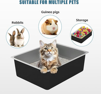 Stainless Steel Cat Litter Box - Metal Medium to Large High Sided Litter Pan Tray, Easy to Clean No Stick No Smell Litter Box Toilet for Indoor Kitty, Kitten (Black, 17.7" x13.8" x6")