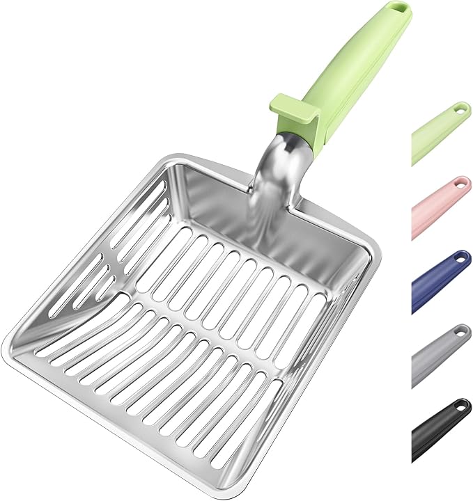 Metal Cat Litter Scoop, Large Cat Scooper with Deep Shovel & Dual Sifting Holes for Fast & Precise Sifting, Space Aluminum Kitty Litter Scooper with Long Handle & Easy-to-Hang Hook - Mint