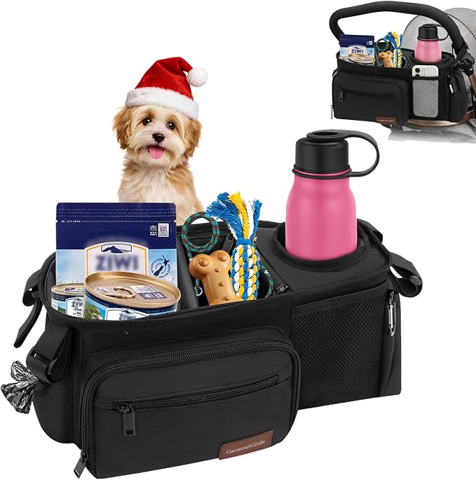 Dog Stroller Organizer Bag, Dog Mom Gifts for Women Pet Stroller Caddy, Stroller Accessories with Cup Holder, Poop Bag Dispenser, Pockets for Dog Essentials, Fits 14–19" Handles, Dog Mom Gift Ideas