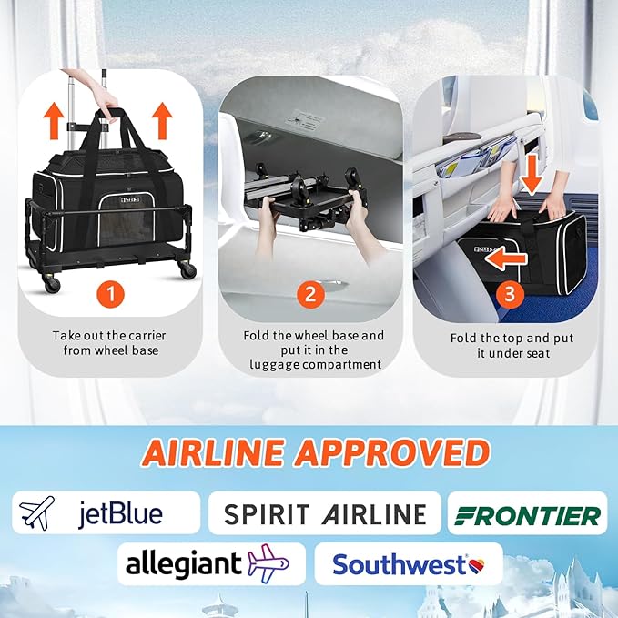 Petskd Top-Expandable Small Pet Carrier with Wheels (17" L x 12" W x 8.5" H), JetBlue/Allegiant/Spirit Airlines Approved, Rolling Pet Carrier for Small Dogs & Cats (Black)