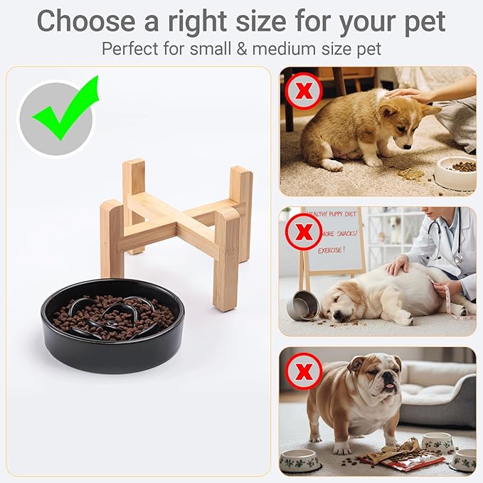 Ceramic Slow Feeder/Dog Bowl for Small Medium Dogs,Elevated/Raised Slow Feeding Dog Food Water Dish Heavy Weighted,Puzzle Eating Bow (Black, 8.26in)
