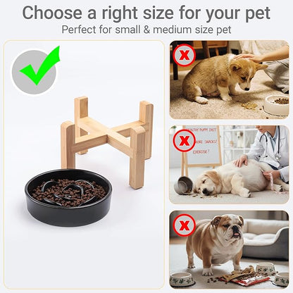 Ceramic Slow Feeder/Dog Bowl for Small Medium Dogs,Elevated/Raised Slow Feeding Dog Food Water Dish Heavy Weighted,Puzzle Eating Bow (Black, 8.26in)