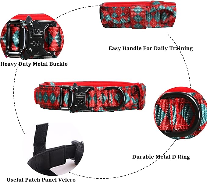 Christmas Tactical Dog Collar Adjustable Nylon Dog Collar Metal Buckle with Handle for Dog Training (Christmas Green,S)