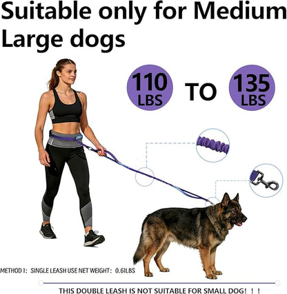 Roses&Poetry Hands Free Double Dog Leash for Two Dogs, 9-11ft Adjustable Bungee Walking Waist Lead, Dual Dog Leash with Tangle-Free Swivel for Medium Large Dogs Heavy Duty Running(Violet)
