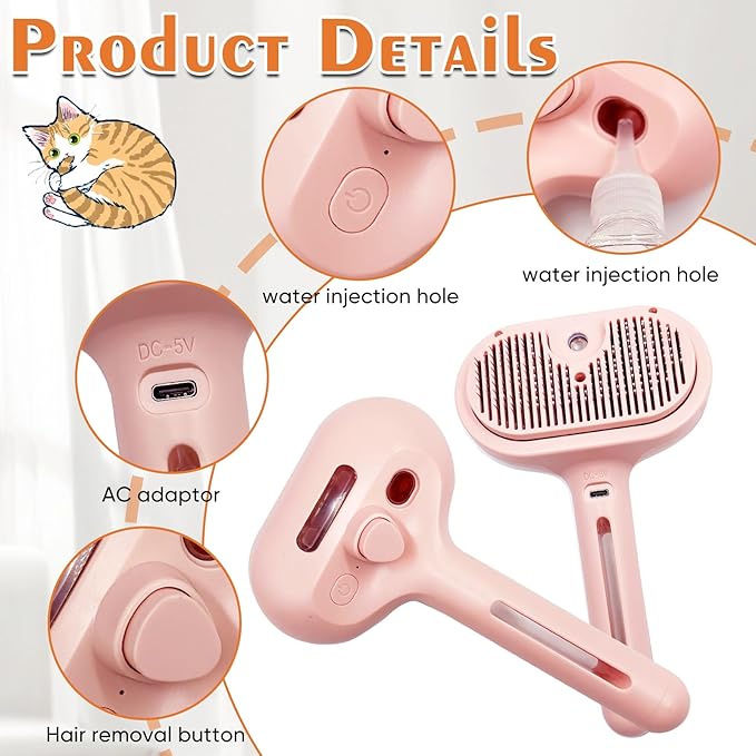 NATUYA Cat Steam Brush, Self-Cleaning Pet Brush for Dog and Cats Shedding Massaging Grooming, Cool Mist Only, Come With Cat Nail Clipper (Pink)