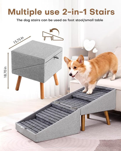 Dog Stairs for Small Dogs 17.13" H, 4-Step Doggie Ramp for Couch Bed Sofa and Chair, Foldable 2 in 1 Wooden Pet Steps for Puppy Medium/Large Dogs and Cats, Split Ottoman Design