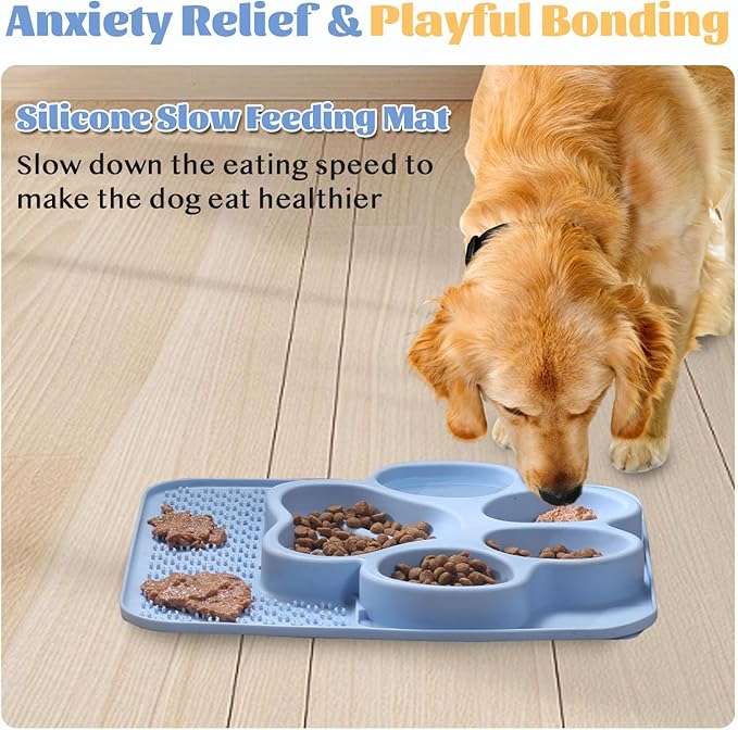Silicone Slow Feeder Dog Bowls & Cat Bowls, 2 Cups Small Pet Food Bowl with Non-Slip Suction Base, Food-Grade Safe Puzzle Feeder for Small & Medium Dogs & Indoor Cats (Paw Lick Mat (Blue))