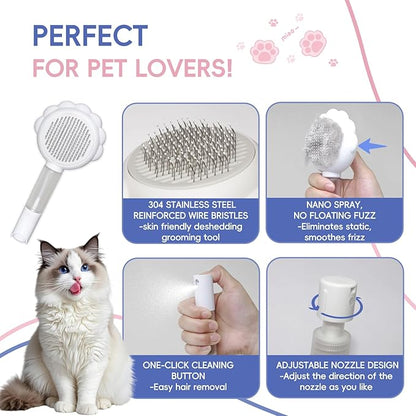Cat Brushes For Indoor Cats, Cat Shedding Brush With Pet Flea Comb & Pet Nail Clippers, Slicker Brush For Dogs & Rabbit Grooming Kit, Spray Hair Removal Comb With Release Button & Visual Spray, White