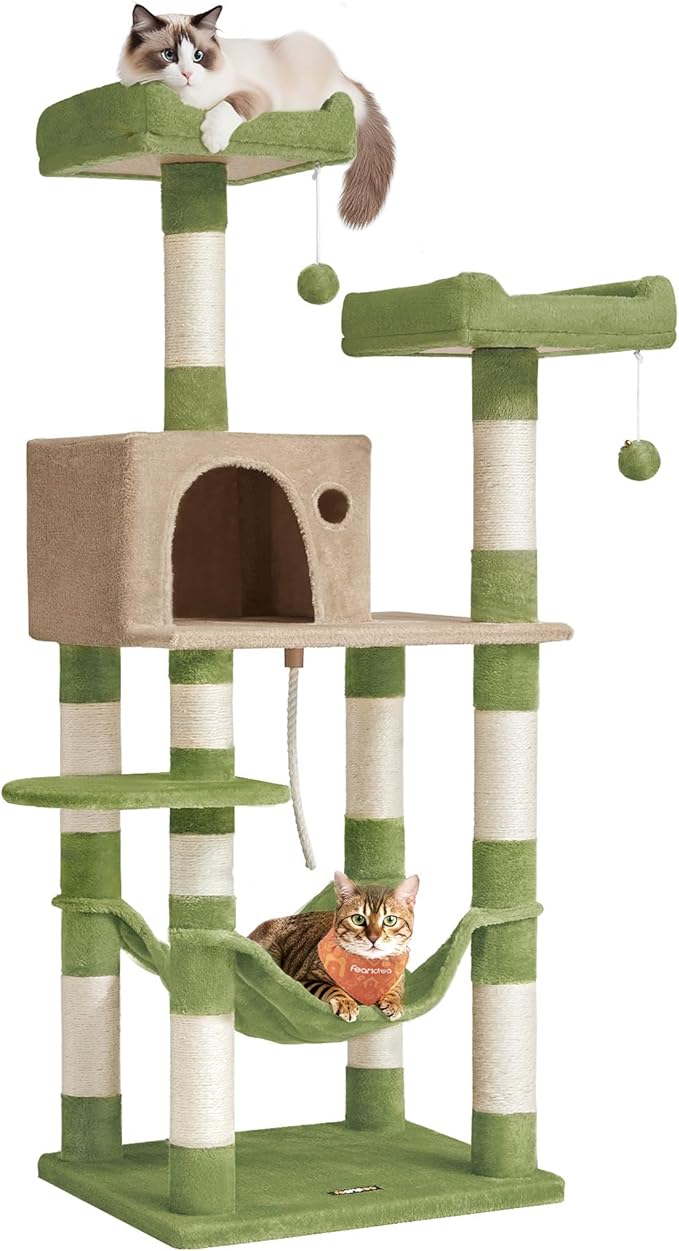 Feandrea Cat Tree, 56.3-Inch Cat Tower, Multi-Level Plush Condo with 11 Scratching Posts, 2 Perches, Hammock, Cave, Grass Green and Camel Brown UPCT015CB02